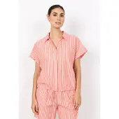 Soyaconcept Kurzarmbluse "SC-FELICE 2", Damen, Gr. S, rosa (bittersweet combi), Web, Obermaterial: 100% Baumwolle, gestreift, normal, V-Ausschnitt, Blusen Kurzarmbluse, Baumwolle