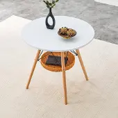 Ninkear Runder Esstisch Ø80cm, MDF, Massivholzbeine, geflochtene Ablage (White,Wood)