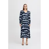 Ichi Midikleid "Damen Kleid IHVARIEL", Damen, Gr. 40, N-Gr, blau (blau fossil ikat aop), Obermaterial: 75% Viskose CV. 13% Leinen LI. 12% Polyamid PA., Kleider Midikleid