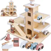 Mamabrum Holz-Parkgarage für Kinder, mehrstöckig mit Autos und Hubschrauber