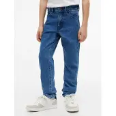 Tommy Hilfiger Flag Embroidery Faded Straight Jeans, Jeans, Kind, Blau, Denim medium 01, 4Y, Kleidungsknopf, Reißverschluss