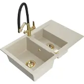 Mexen Gaspar 1,5-Becken-Granitspüle mit Abtropffläche und Mischbatterie Duo, Beige - 6507-69-671701-57-G