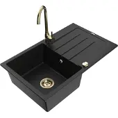 Mexen Bruno 1 Becken-Granitspüle mit Abtropffläche und Mischbatterie Telma, Schwarz - 6513-77-670200-50