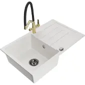 Mexen Bruno 1 Becken-Granitspüle mit Abtropffläche und Mischbatterie Duo, Weiß - 6513-20-671701-57-B