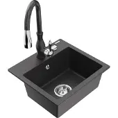 Mexen Milo 1-Becken-Granit-Spüle mit Mischbatterie Savita, Schwarz gesprenkelt - 6505-76-672601-76