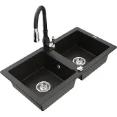 Mexen Mario 2-Becken-Granitspüle mit Mischbatterie Savita, Schwarz/Gold metallisch - 6504-75-672601-70