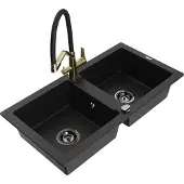 Mexen Mario 2-Becken-Granitspüle mit Mischbatterie Duo, Schwarz - 6504-77-671701-57-B