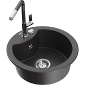 Mexen Diego 1-Becken-Granitspüle mit Mischbatterie Flora, Schwarz/Gold metallisch - 6512-76-670401-08