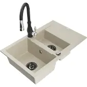 Mexen Gaspar 1,5-Becken-Granitspüle mit Abtropffläche und Mischbatterie Savita, Beige - 6507-69-672601-70