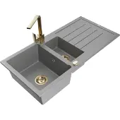 Mexen Andres 1,5-Becken-Granitspüle mit Abtropffläche und Mischbatterie Rita, Grau - 6515-71-670300-50