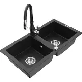 Mexen Mario 2-Becken-Granitspüle mit Mischbatterie Savita, Schwarz/Silbermetallic - 6504-73-672601-70