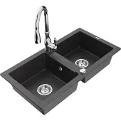 Mexen Mario 2-Becken-Granitspüle mit Mischbatterie Savita, Schwarz gesprenkelt - 6504-76-672601-00