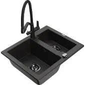 Mexen Carlos 1,5-Becken-Granitspüle mit Mischbatterie Duo, Schwarz/Gold metallisch - 6518-75-671701-70-B