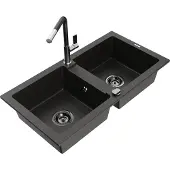 Mexen Mario 2-Becken-Granitspüle mit Mischbatterie Flora, Schwarz/Gold metallisch - 6504-75-670401-07-B