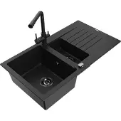 Mexen Matias 1,5-Becken-Granitspüle mit Abtropffläche und Mischbatterie Duero, Schwarz - 6502-77-671600-70-B