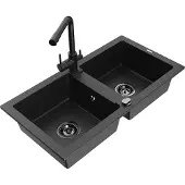 Mexen Mario 2-Becken-Granitspüle mit Mischbatterie Duero, Schwarz/Silbermetallic - 6504-73-671600-70-B