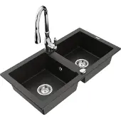 Mexen Mario 2-Becken-Granitspüle mit Mischbatterie Savita, Schwarz/Gold metallisch - 6504-75-672601-00
