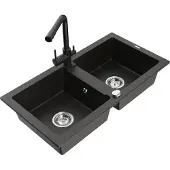 Mexen Mario 2-Becken-Granitspüle mit Mischbatterie Duero, Schwarz/Gold metallisch - 6504-75-671600-70