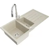 Mexen Andres 1,5-Becken-Granitspüle mit Abtropffläche und Mischbatterie Savita, Beige - 6515-69-672601-00