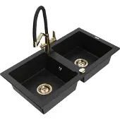 Mexen Mario 2-Becken-Granitspüle mit Mischbatterie Duo, Schwarz - 6504-77-671701-57-G