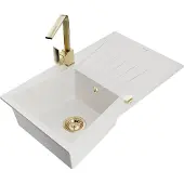 Mexen Cesar 1 Becken-Granitspüle mit Abtropffläche und Mischbatterie Rita, Weiß - 6514-20-670300-50