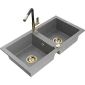 Mexen Mario 2-Becken-Granitspüle mit Mischbatterie Flora, Grau - 6504-71-670401-57-G
