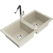 Mexen Mario 2-Becken-Granitspüle mit Mischbatterie Flora, Beige - 6504-69-670401-07