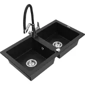 Mexen Mario 2-Becken-Granitspüle mit Mischbatterie Duo, Schwarz - 6504-77-671701-07