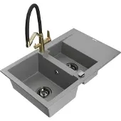 Mexen Gaspar 1,5-Becken-Granitspüle mit Abtropffläche und Mischbatterie Duo, Grau - 6507-71-671701-57-B