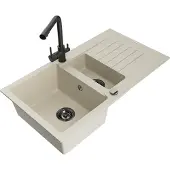 Mexen Matias 1,5-Becken-Granitspüle mit Abtropffläche und Mischbatterie Duero, Beige - 6502-69-671600-70