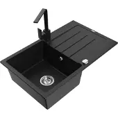 Mexen Bruno 1 Becken-Granitspüle mit Abtropffläche und Mischbatterie Rita, Schwarz - 6513-77-670300-70