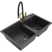 Mexen Tomas 2-Becken-Granitspüle mit Mischbatterie Duo, Schwarz gesprenkelt - 6516-76-671701-57-B