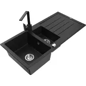 Mexen Andres 1,5-Becken-Granitspüle mit Abtropffläche und Mischbatterie Rita, Schwarz - 6515-77-670300-70