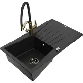 Mexen Cesar 1 Becken-Granitspüle mit Abtropffläche und Mischbatterie Duo, Schwarz - 6514-77-671701-57-B
