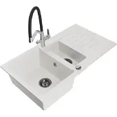Mexen Matias 1,5-Becken-Granitspüle mit Abtropffläche und Mischbatterie Duo, Weiß - 6502-20-671701-07-B