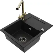 Mexen Enzo 1 Becken-Granitspüle mit Abtropffläche und Mischbatterie Duero, Schwarz - 6506-77-671600-50-B