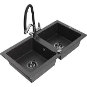Mexen Mario 2-Becken-Granitspüle mit Mischbatterie Duo, Schwarz gesprenkelt - 6504-76-671701-07-B