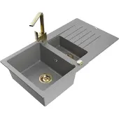 Mexen Matias 1,5-Becken-Granitspüle mit Abtropffläche und Mischbatterie Rita, Grau - 6502-71-670300-50