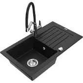 Mexen Pablo 1 Becken-Granitspüle mit Abtropffläche und Mischbatterie Duo, Schwarz - 6510-77-671701-07