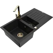 Mexen Matias 1,5-Becken-Granitspüle mit Abtropffläche und Mischbatterie Rita, Schwarz - 6502-77-670300-50