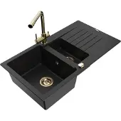 Mexen Matias 1,5-Becken-Granitspüle mit Abtropffläche und Mischbatterie Duero, Schwarz - 6502-77-671600-50