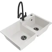 Mexen Tomas 2-Becken-Granitspüle mit Mischbatterie Duo, Weiß - 6516-20-671701-70-B