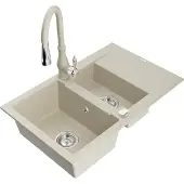 Mexen Gaspar 1,5-Becken-Granitspüle mit Abtropffläche und Mischbatterie Savita, Beige - 6507-69-672601-69
