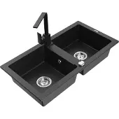 Mexen Mario 2-Becken-Granitspüle mit Mischbatterie Rita, Schwarz/Silbermetallic - 6504-73-670300-70