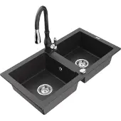 Mexen Mario 2-Becken-Granitspüle mit Mischbatterie Savita, Schwarz gesprenkelt - 6504-76-672601-76