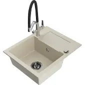 Mexen Enzo 1 Becken-Granitspüle mit Abtropffläche und Mischbatterie Duo, Beige - 6506-69-671701-07-B