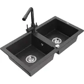 Mexen Mario 2-Becken-Granitspüle mit Mischbatterie Duero, Schwarz gesprenkelt - 6504-76-671600-76