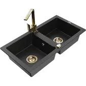 Mexen Mario 2-Becken-Granitspüle mit Mischbatterie Rita, Schwarz/Silbermetallic - 6504-73-670300-50