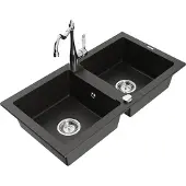 Mexen Mario 2-Becken-Granitspüle mit Mischbatterie Carla, Schwarz/Gold metallisch - 6504-75-670700-00