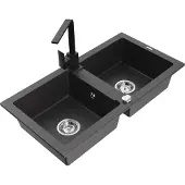 Mexen Mario 2-Becken-Granitspüle mit Mischbatterie Rita, Schwarz gesprenkelt - 6504-76-670300-70